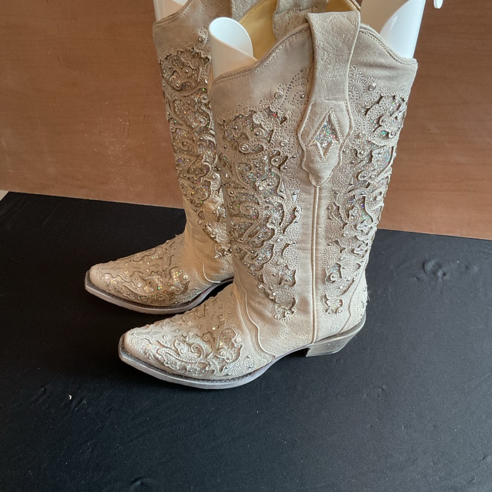 Embellished Ivory Knee-High Heeled Boots - Women - Picture 2 of 5